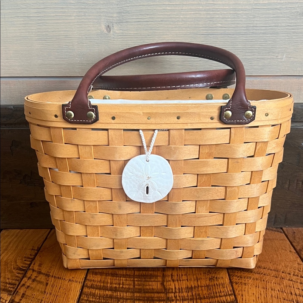 Longaberger Tan Woven Tote with Brown Leather Handles and Sand dollar ornament